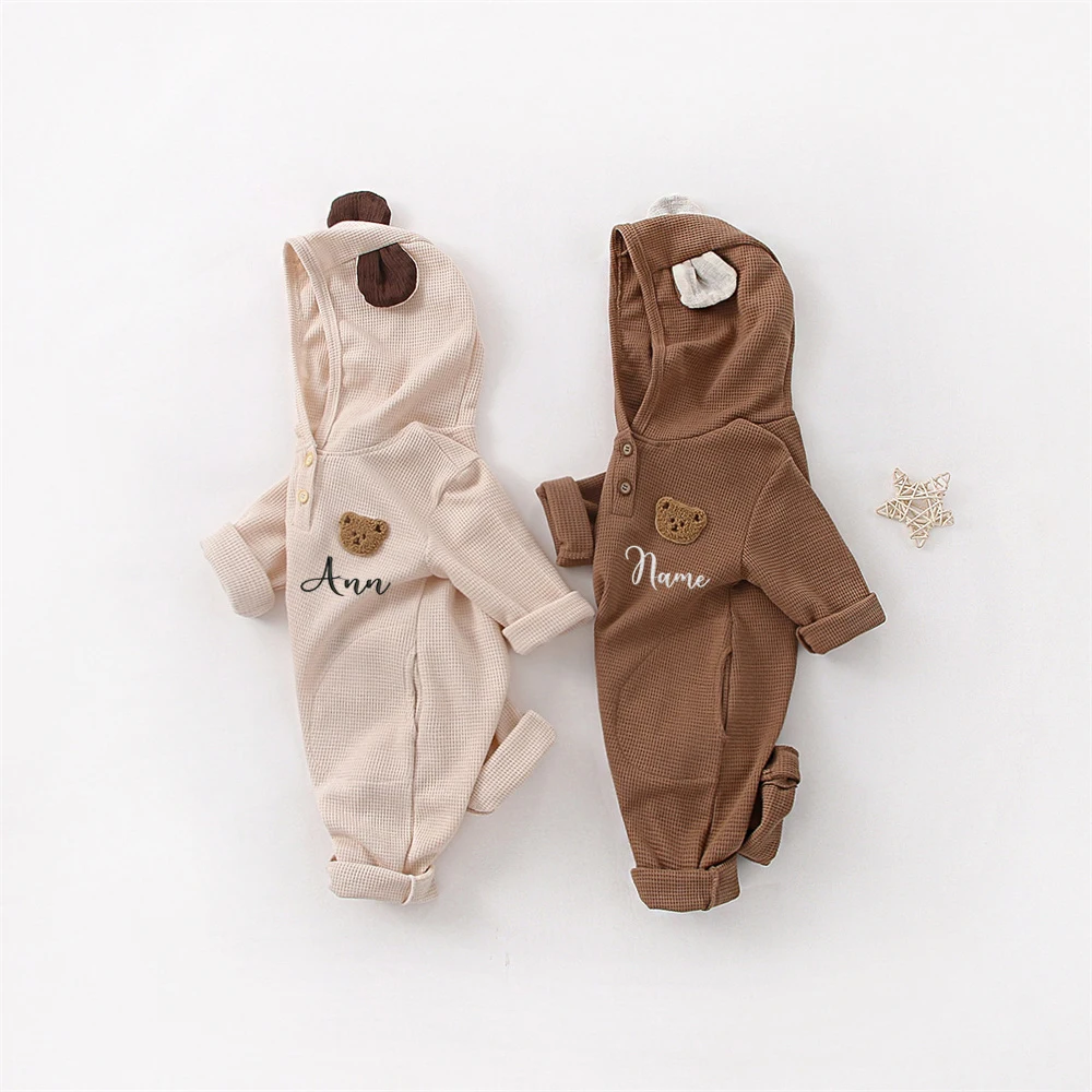 New Baby Shower Party Gift Clothes with Embroidery Name for Kid's Cute Bear Cartoon Infant Jumpsuit Waffle One-piece Babysuit