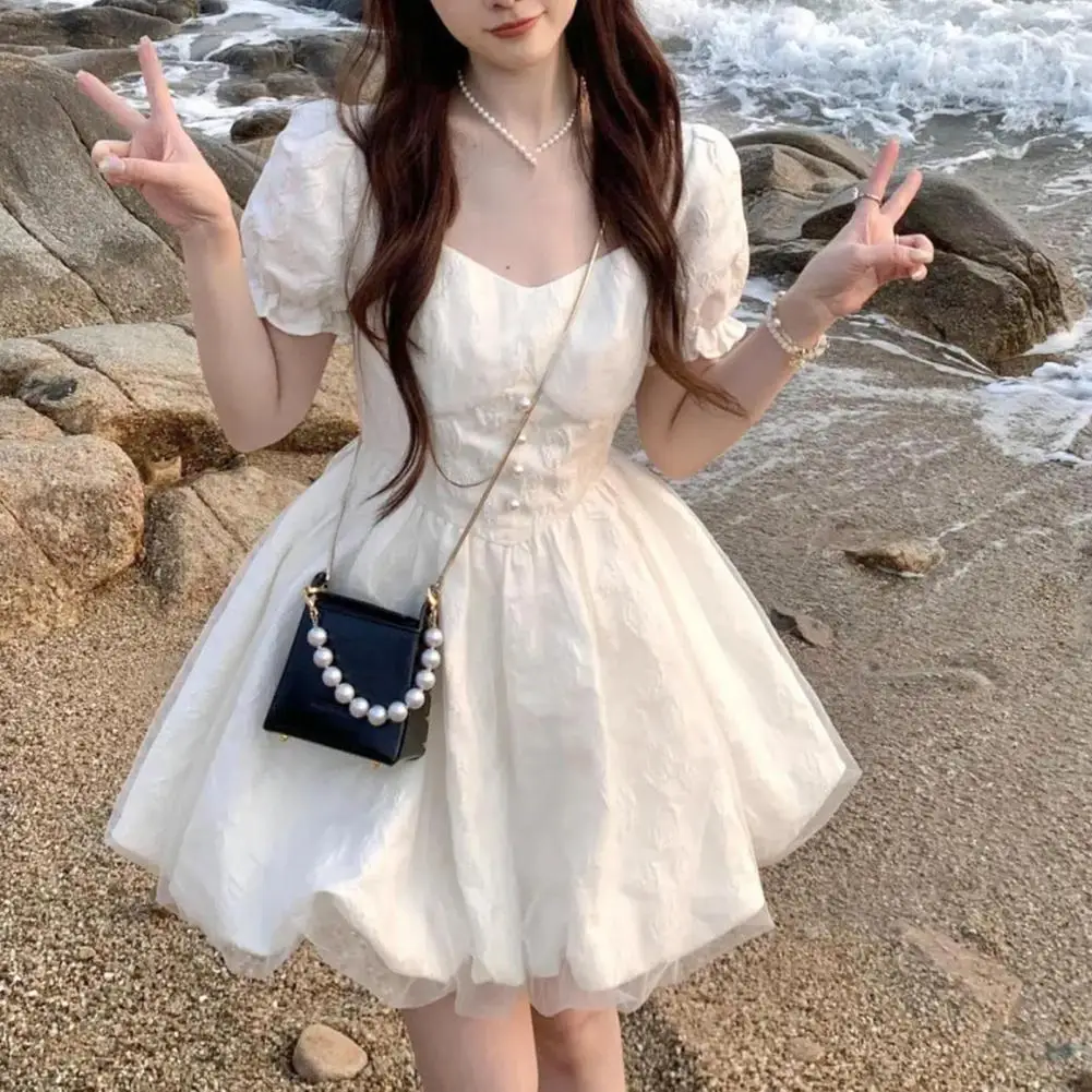 

Women Dress Stylish A-line V Neck Dress with Bubble Sleeves Faux Pearl Decor Double Layers for Lady Dating or Beach Mini Dress