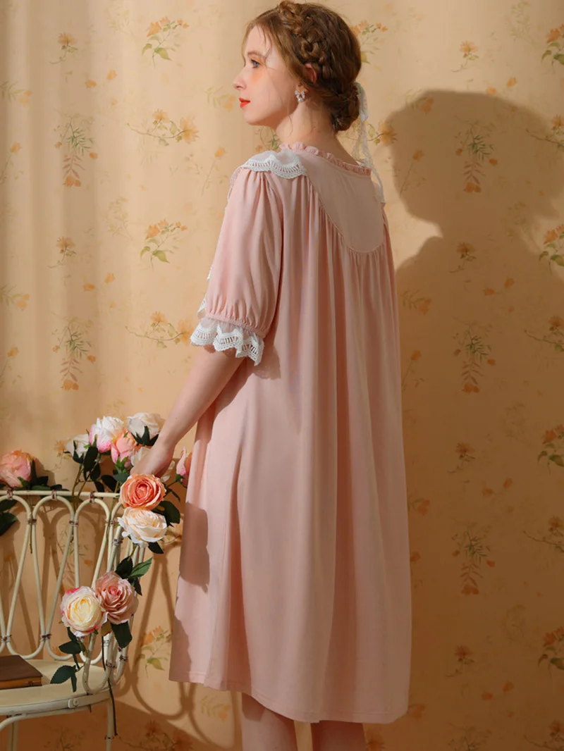 Women Princess Pajamas Girls Short Sleeve Cotton Doll Lolita Sweet Cute French Vintage Nightdress Fairy Victorian Home Sleepwear