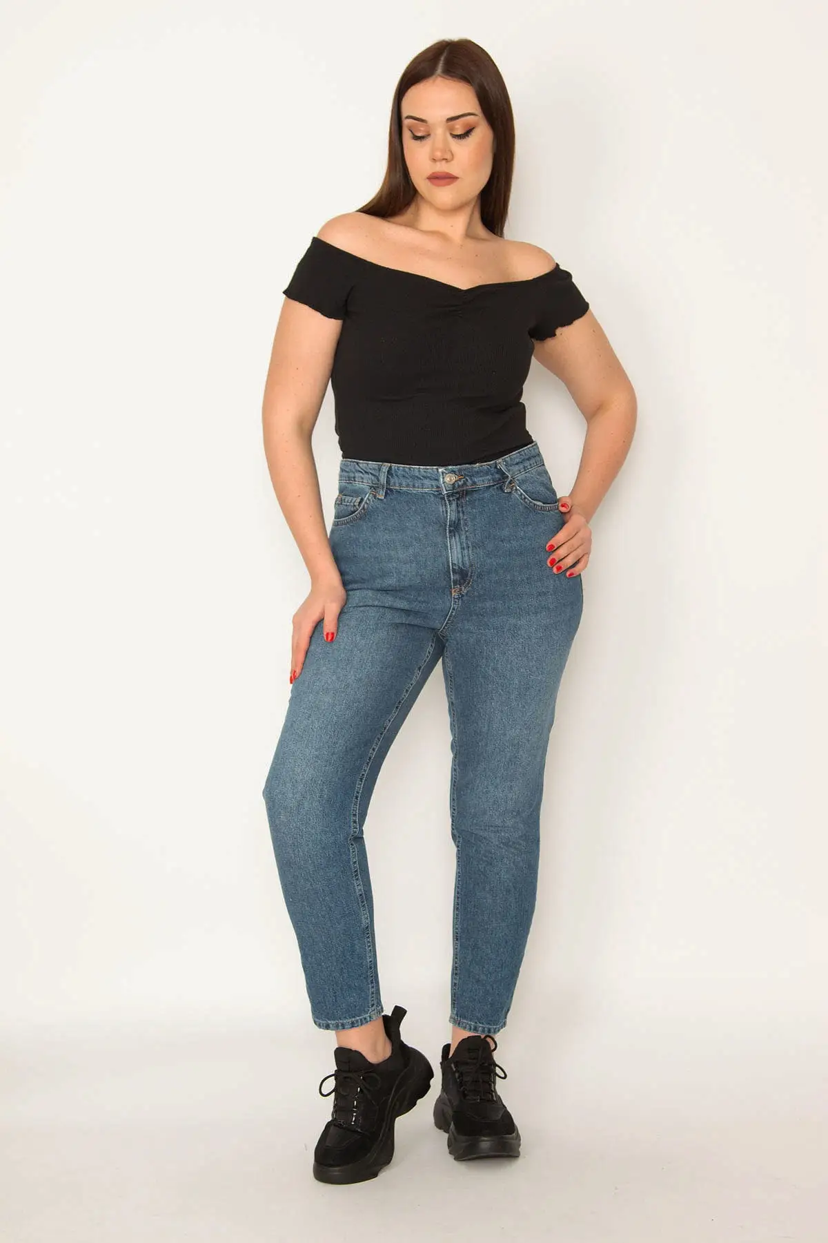 

Women's Jean Blue Pocket High Waist Denim Pants Full Length Straight Pant Streetwear Female Buttons Zipper Ladies