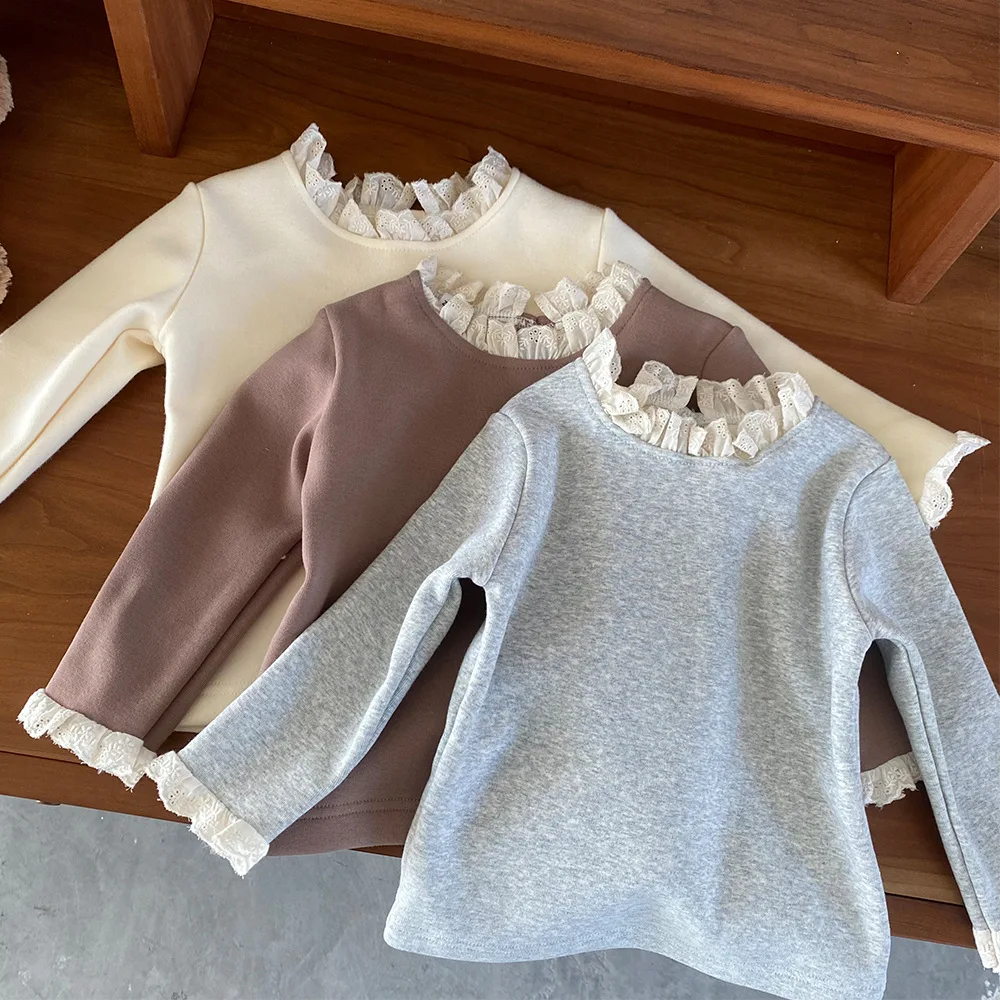 

Lace Collar Girls Plus Velvet Bottoming Shirt Girl Baby Hollow Lace Warm Inner Cotton T-shirt Girls Clothes