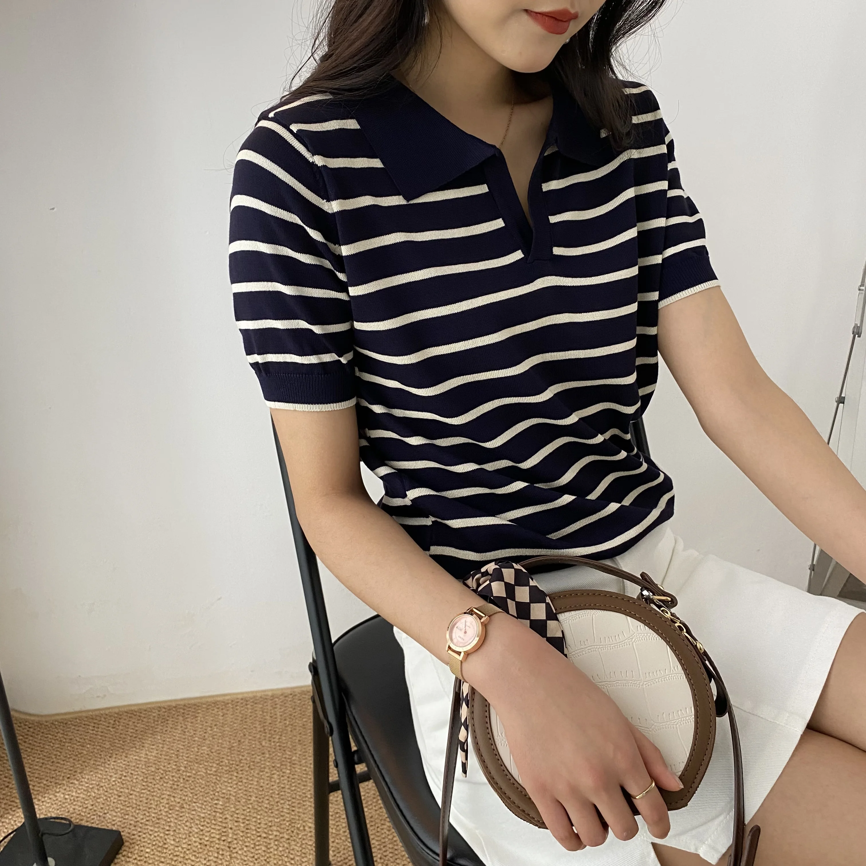 

Polo collar T-shirt stripe short sleeve top women's summer 2022 new thin design sense niche T-shirt