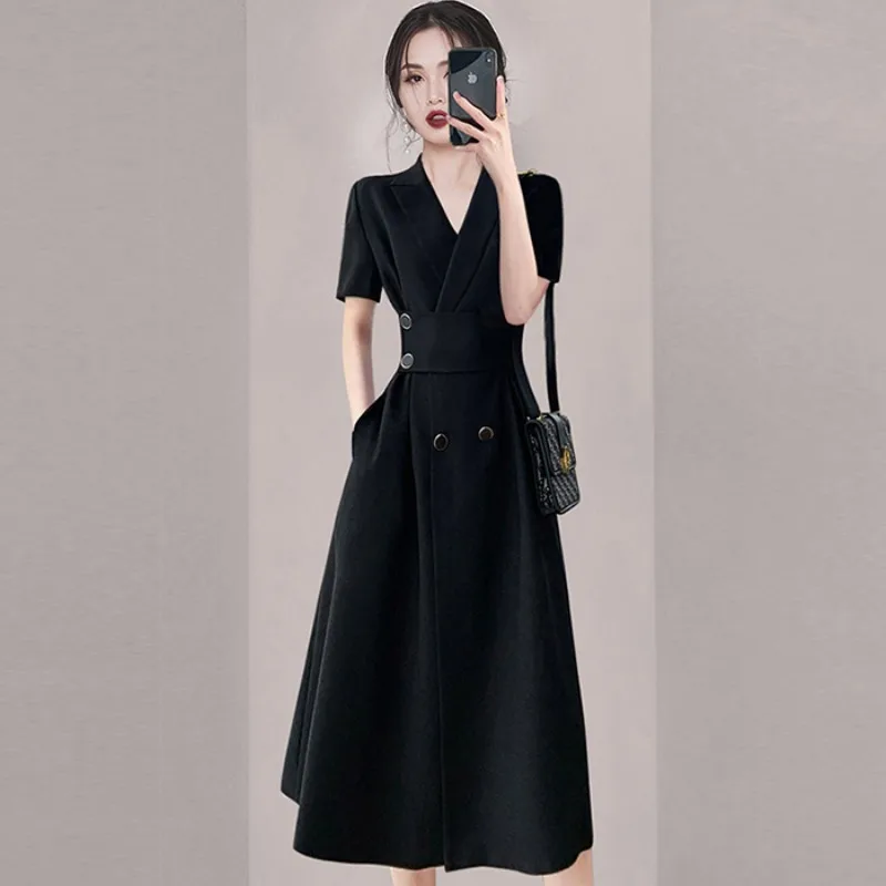 

Solid Evening Dresses Women 2023 New Vintage Short Sleeves Slim Summer High Waist V-neck Dress Korean Clothing YCMYUNYAN