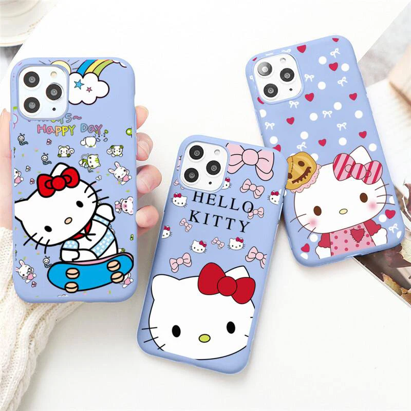 

Cute Cartoon Pink cat Hello Kitty Phone Case for iPhone 13 12 mini 11 Pro Max X XR XS 8 7 6s Plus Candy purple Silicone cover