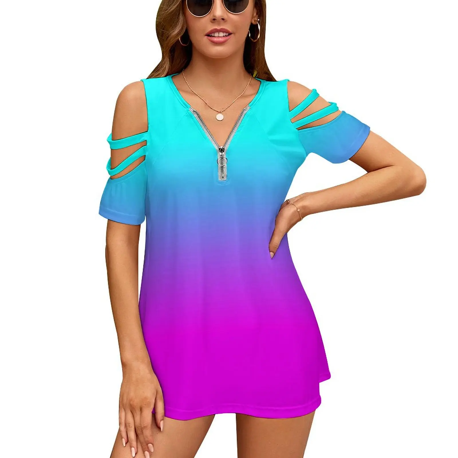 

Hot Pink And Neon Aqua Blue Ombre Shade Color Fade Women'S T-Shirt Summer Fashion Print Floral V-Neck Zipper Tshirt Hollow