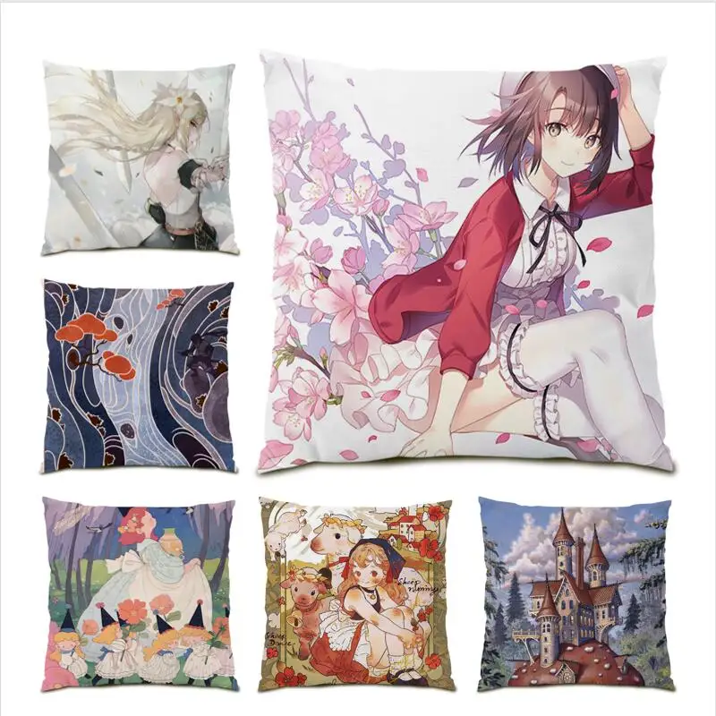 

Living Room Decoration Cartoon Cushion Cover 45x45 Kawaii Beautiful Girl Bed Japanese Cute Velvet Polyester Linen Poster E1304