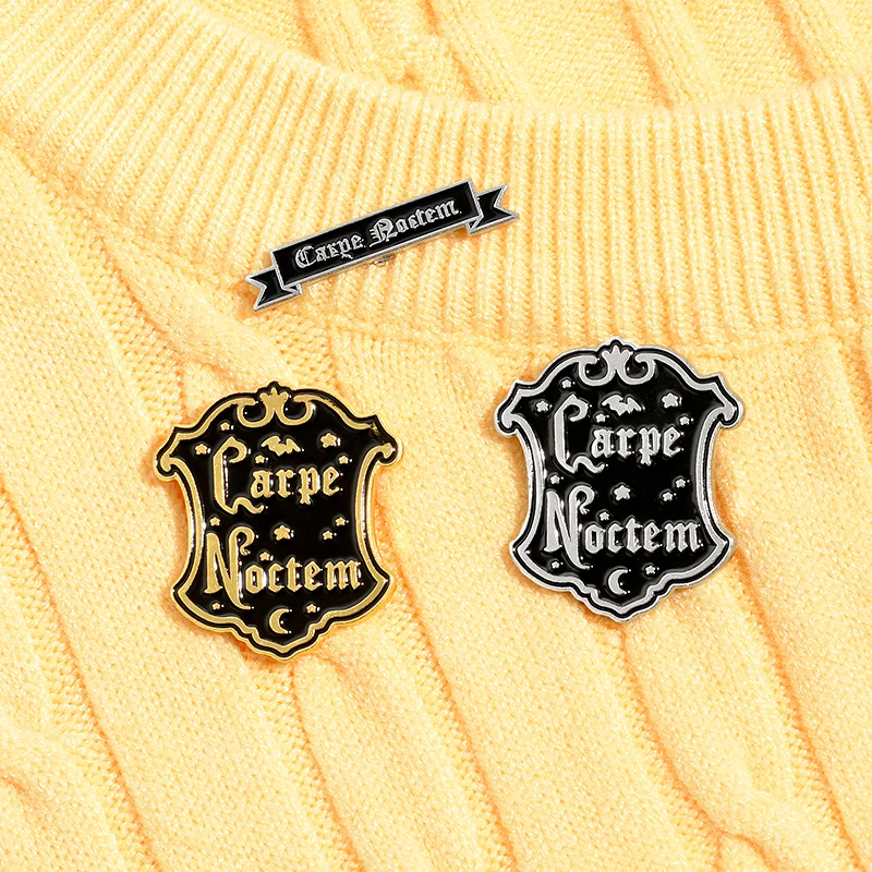 

Black Geometry Enamel Pin Lapel Carpe Noctem Badge Metal Fashion Backpack Hat Brooch Clothing Punk for Friends Jewelry Gifts