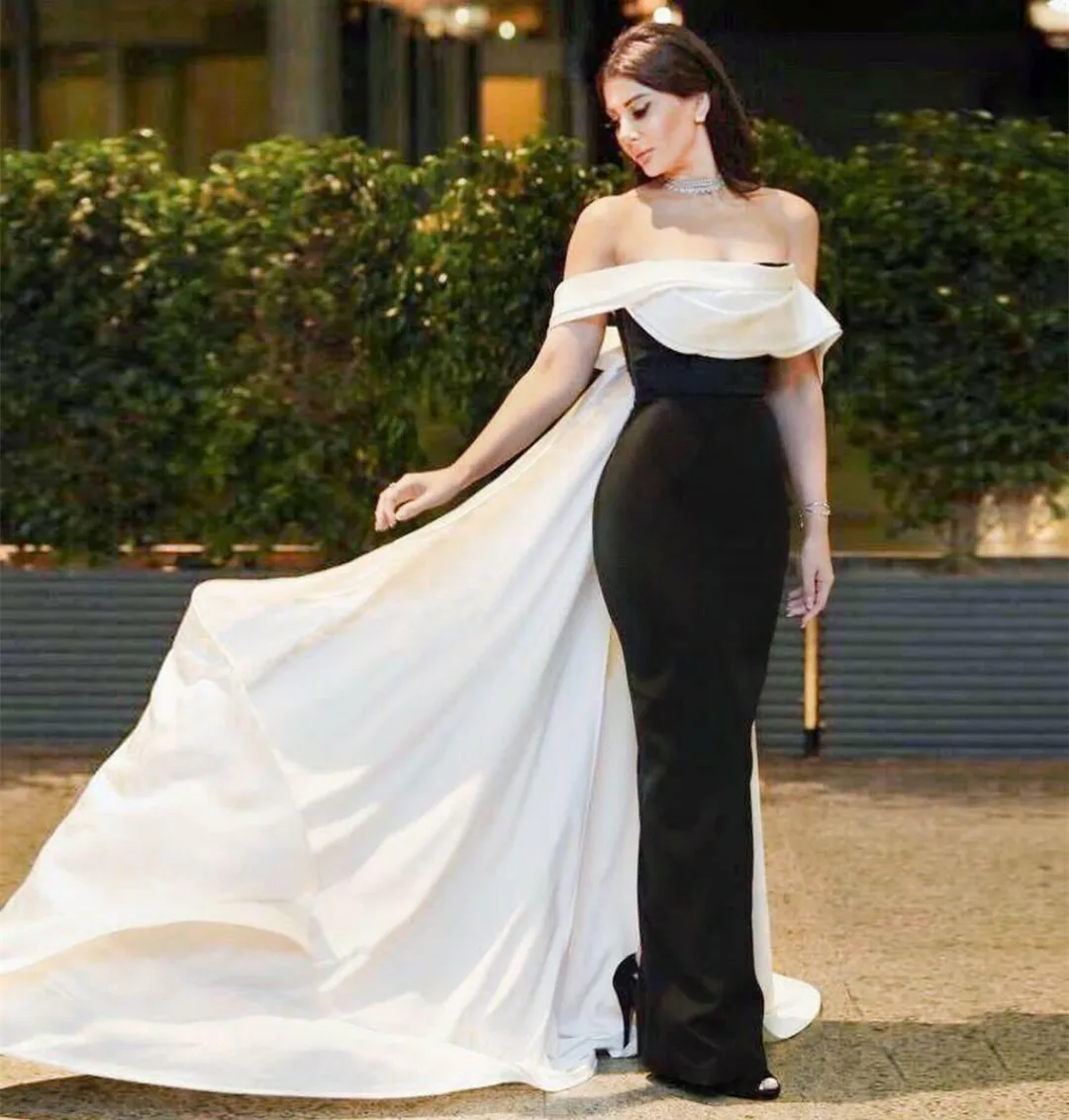 

Vintage Long Mermaid Off Shoulder Evening Dresses فساتين السهرة Muslim Crepe Floor Length Prom Dresses for Women