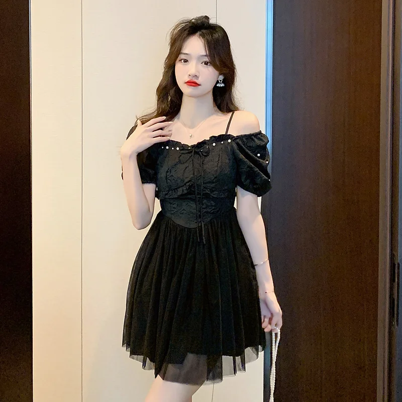 

COIGARSAM Dresses Women 2022 Ruffles Patchwork Spaghetti Strap Beading Mesh High Waist White Black Dress Dropshipping