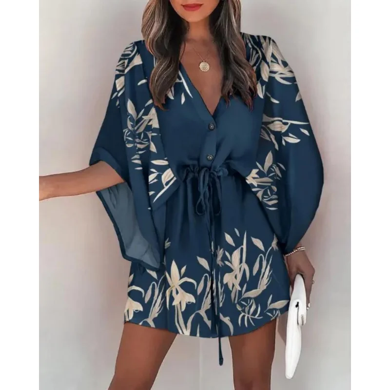 Casual Sexy Printed Nightgown Women's 2023 Summer Loose V-neck Batwing Sleeve Lace-up Dress Can Be Worn Outside Home Clothes