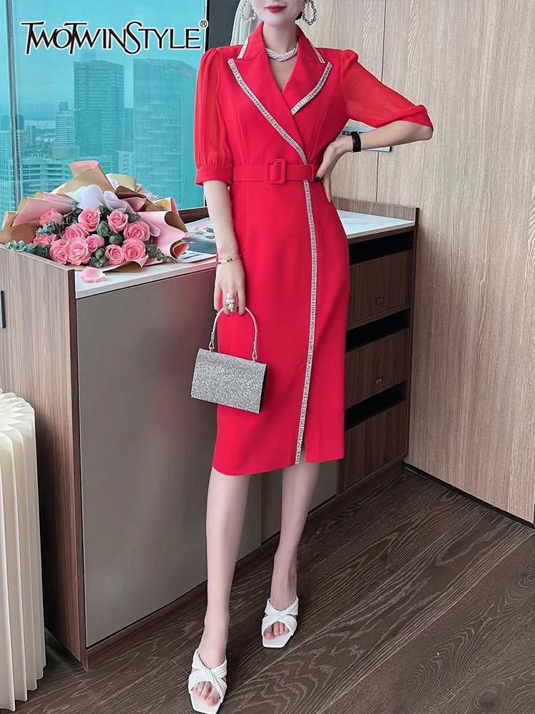

TWOTWINSTYLE Elegant Blazer Dresses For Women Lapel Half Sleeve Sashes Lace Up Patchwork Midi Dress Summer Dress Woman 2022 New