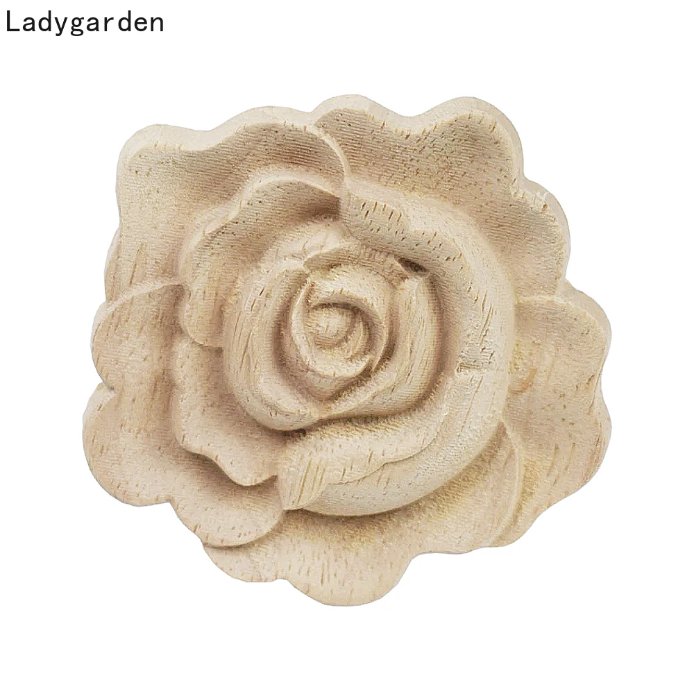 

5PCS 7cm Vintage Unpainted Furniture Wood Carving Appliques Decor Cabinet Door Decals Flowers Pattern Carved Wooden Figurines