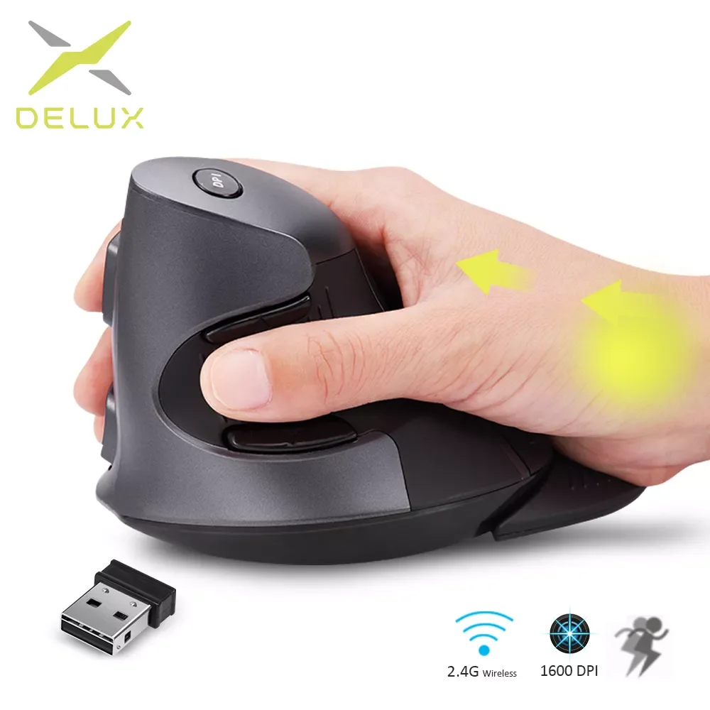 

Delux M618GX Ergonomic Vertical Wireless Mouse 6 Buttons 1600DPI Optical Mice With 3 Colors Silicon Rubber Case For PC Laptop