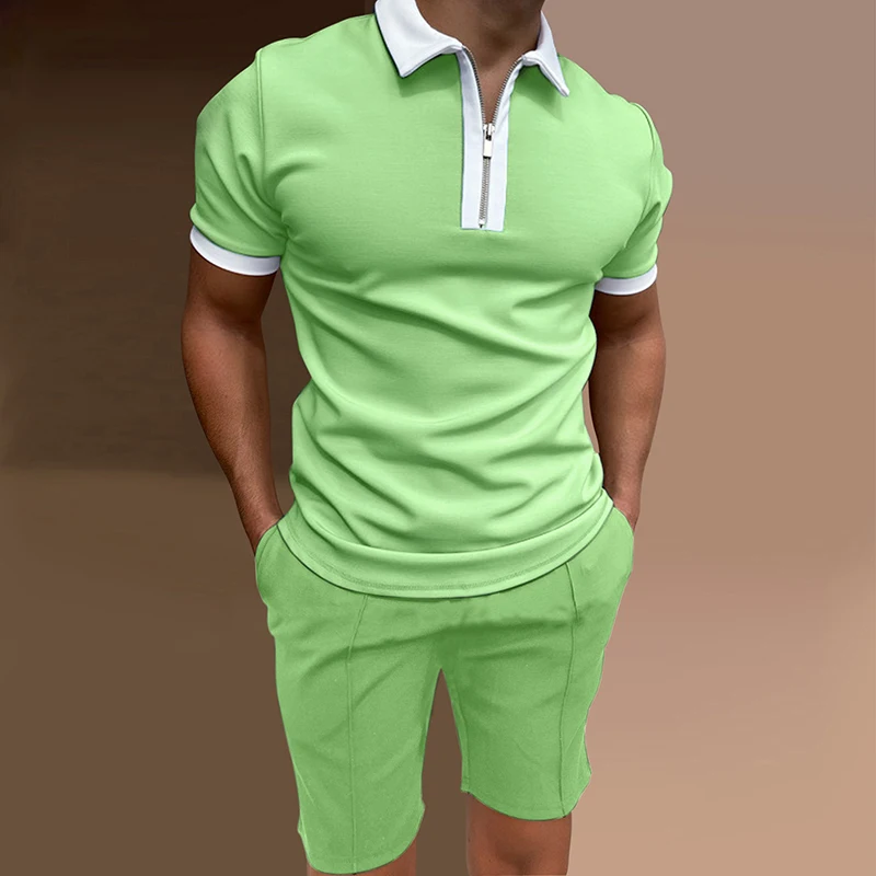2023 Mens Shorts Set Patchwork Summer Tracksuit Fashion Solid Color 2 Piece Sets Male Casual Zipper Polo Shirt Short Sleeve Suit