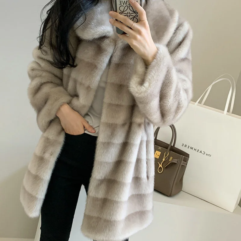 Winter 2023 Soft Furry Overcoat New Women Faux Fur Coats Gradient Mink Turn-down Collar Stripe Clothes Warm Thicken Long Jacket