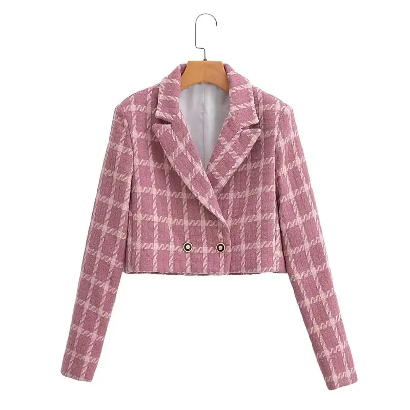 Autumn Winter Women Vintage Plaid Jacket Double Breasted Long Sleeve Short Suit Coat  Turndown Collar Tweed Woolen Outerwear
