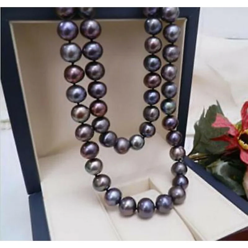 

Beautiful 8-9mm Natural tahitian black pearl necklace 18"; yellow ball clasp AAA