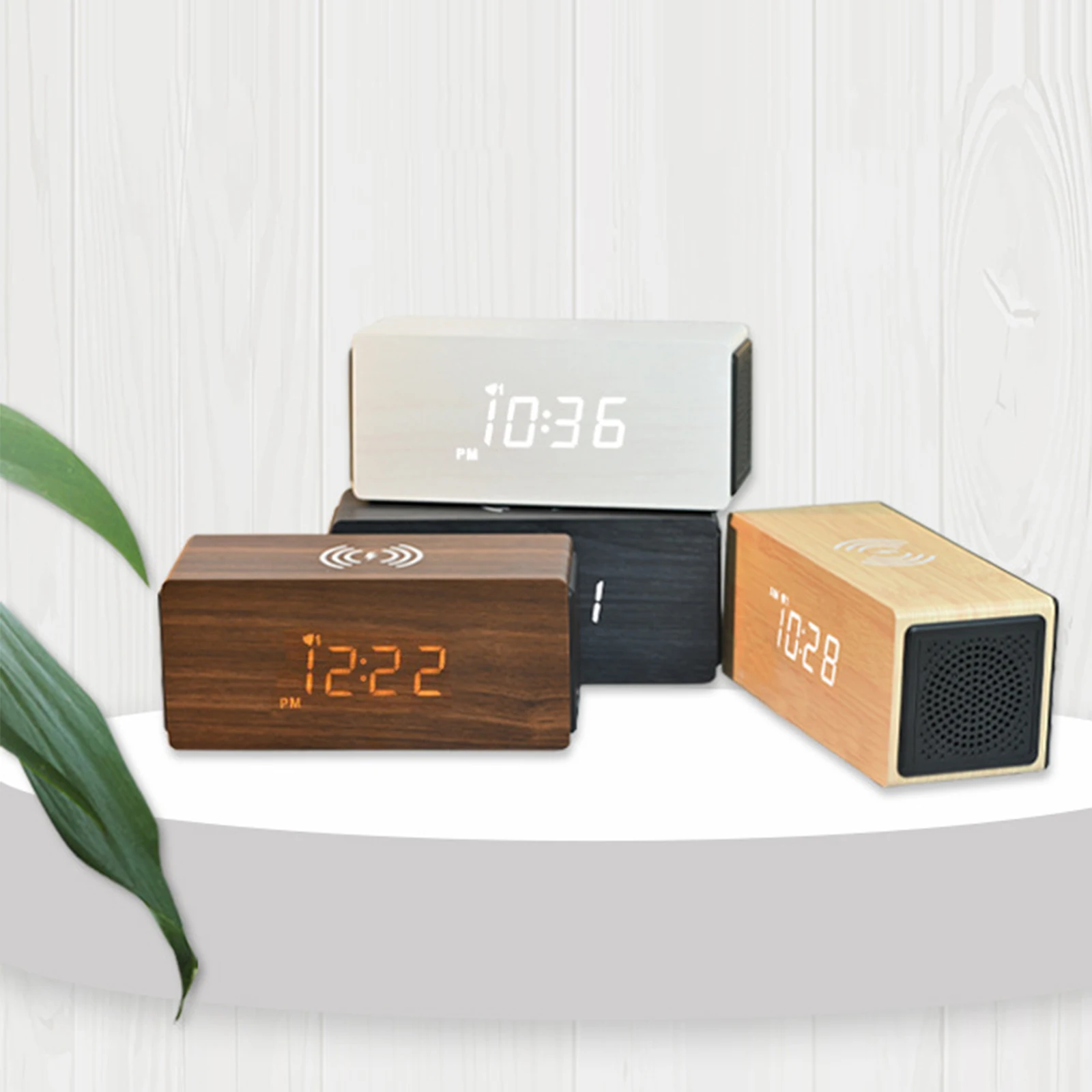 

LED Digital Music Alarm Clock Bluetooth Speaker Wooden Desktop Decor Wireless Charging Temperature Brightness Adjustment