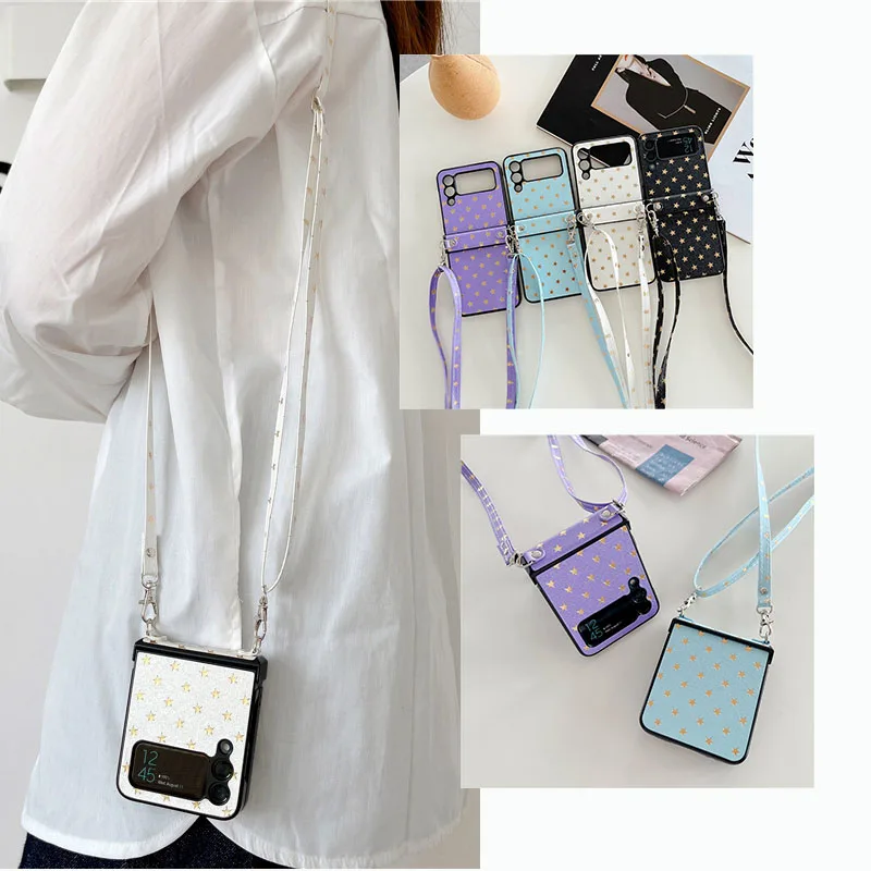 

Освежающий красочный жесткий чехол из поликарбоната с ремешком и ожерельем для Samsung Galaxy Z, флип-чехол из искусственной кожи с 3 звездами