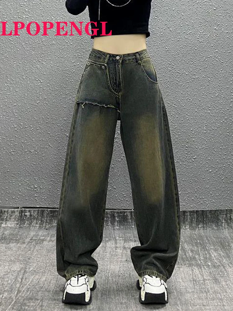 

Женские винтажные джинсы с завышенной талией, свободные брюки из денима с широкими штанинами и шваброй, с драпировкой, осень 2023