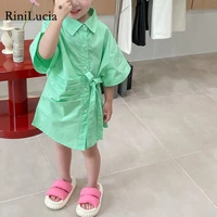 rinilucia fashion korean loose girls short sleeve shirt cotton blouse cute green ruched long tops summer children costume