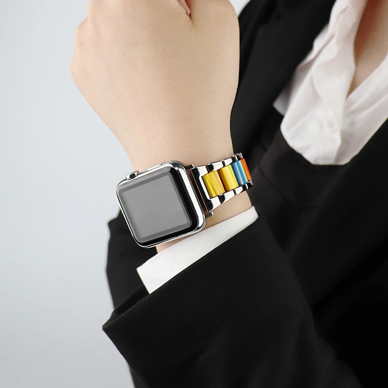 Luxury Resin Watch Strap for Apple Watch 44mm 42mm 42mm 38mm 41/45mm Band for Iwatch Series 6 7 4 SE 5 Stainless Steel Bracelet