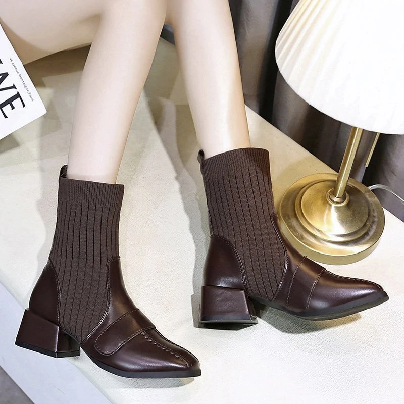 Женские ботильоны короткие ботинки-носки женские эластичные ботинки коричневая