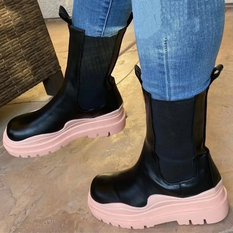 Thick Sole Wedge Heel Chelsea Boots Net Red Chimney Boots Stretch Cloth Black Platform Boots Large Size Fashion Winter Boots