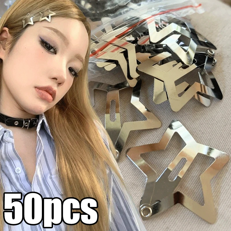 

2-50pcs Silver Star Hairpins for Women Stars Filigree Metal Snap Hair Clips Girls Side Hair Grip Y2K Barrettes Hair Accessories