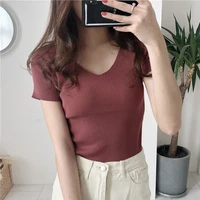 fashion women solid color t shirts top women slim short sleeve v neck t shirts ribbed tops for women knitting pullover 300a