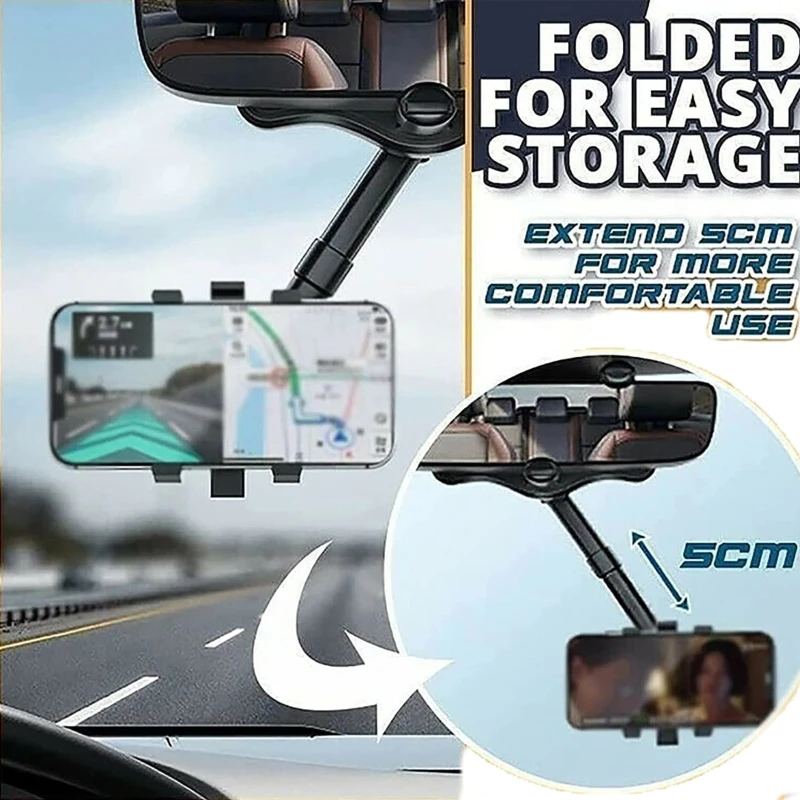 

Retractable Rearview Mirror Flexible Phone Holder for Most Phones Easy to Install Adjustable GPS Mount 360 Rotation D7YA
