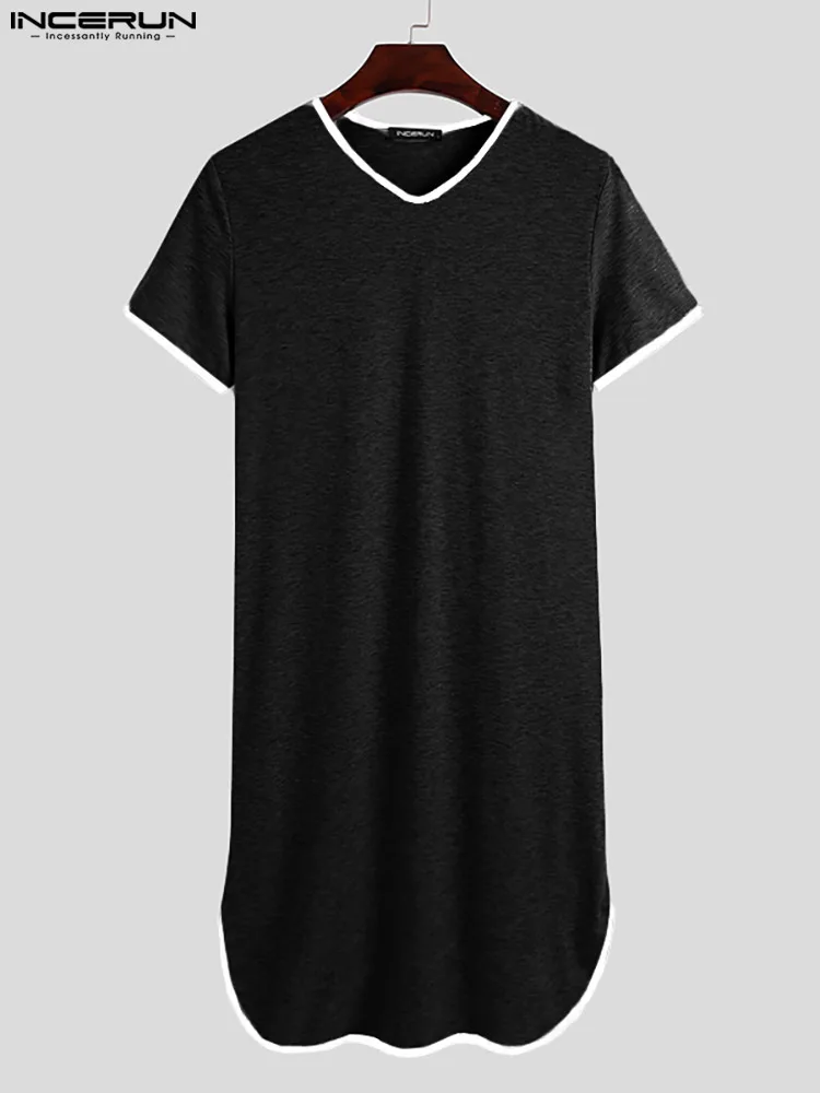 New Man Loose Fashion Bathrobes Casual Solid Nightgown INCERUN Men Patchwork Sleep Robes Short Sleeve V-Neck Homewear Hombre 5XL
