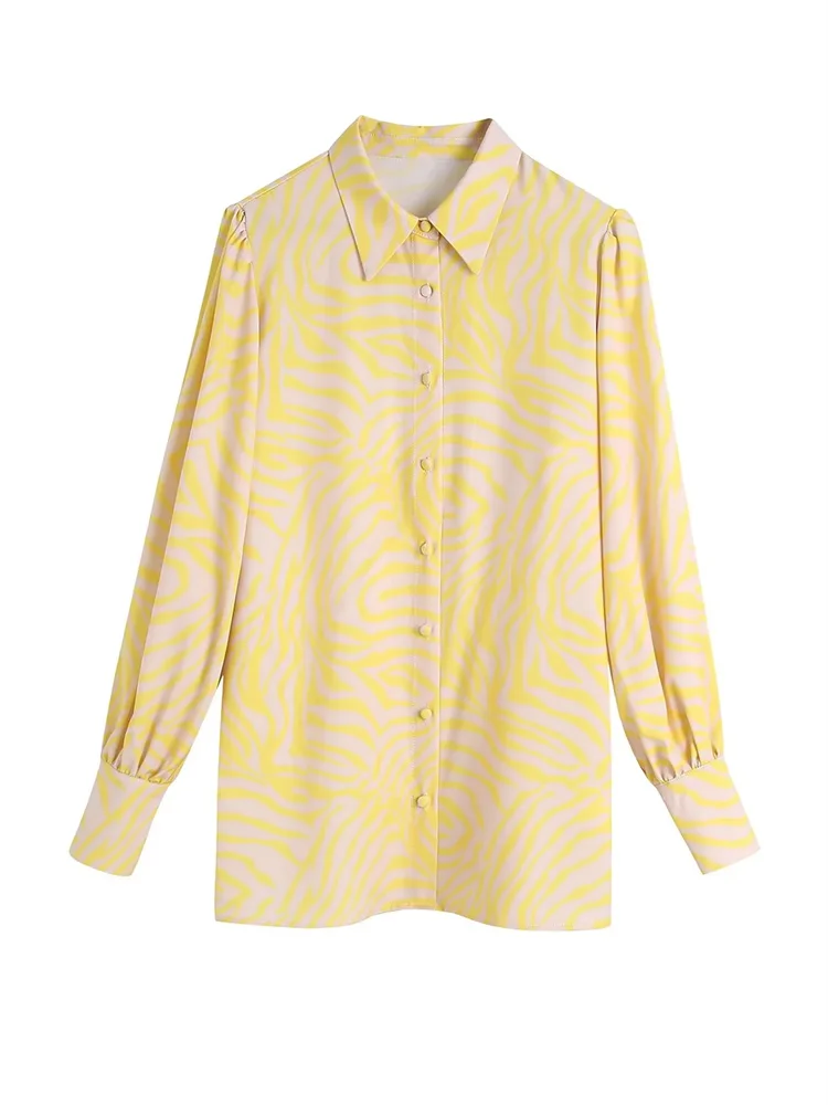 

Elegant Yellow Striped Long Shirt 2022 New Turn-down Collar Single Breasted For Office Lady Blouse Streetwear