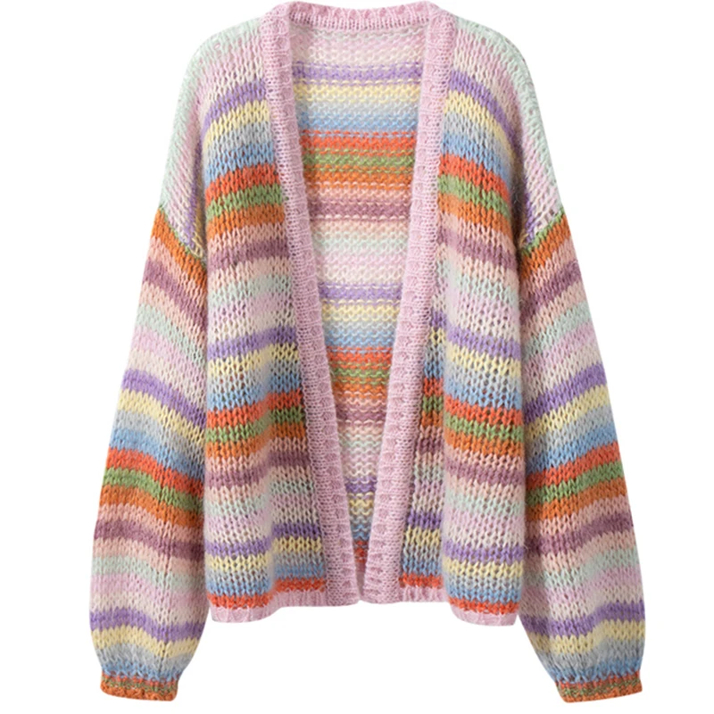 

Beautiful Rainbow Striped Women'S Wool Temperament Autumn New Fashion All-Match Knitted Comfortable Long-Sleeved Loose Sweater