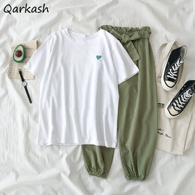 

Women T-shirts Pants Sets Simple Basic Preppy Style Young All-match Casual Cozy Ins O-neck Summer Embroidery Fashion New Design