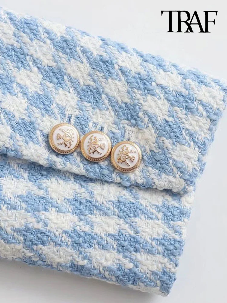 TRAF Women Fashion Houndstooth Double Breasted Tweed Blazer Coat Vintage Long Sleeve Flap Pocket Female Outerwear Chic Veste