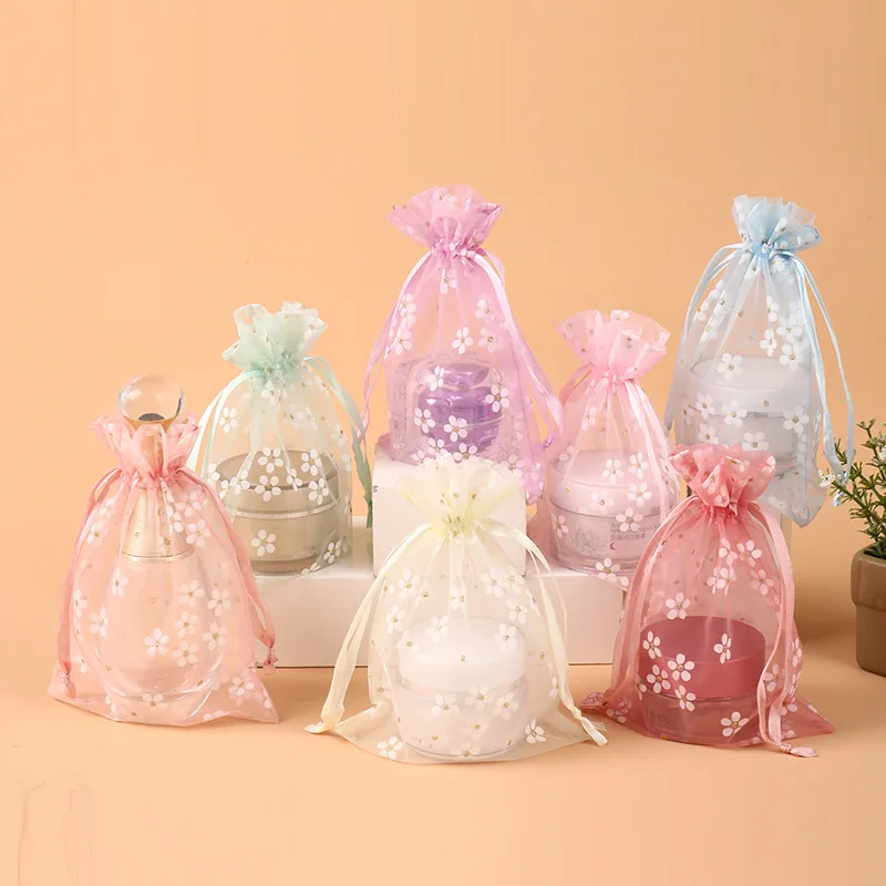 

50pcs Organza Gift Bags with Drawstring Packaging Bag Printed with Flower Spice Jewelry Gift Storage Bag Party Wedding Favor