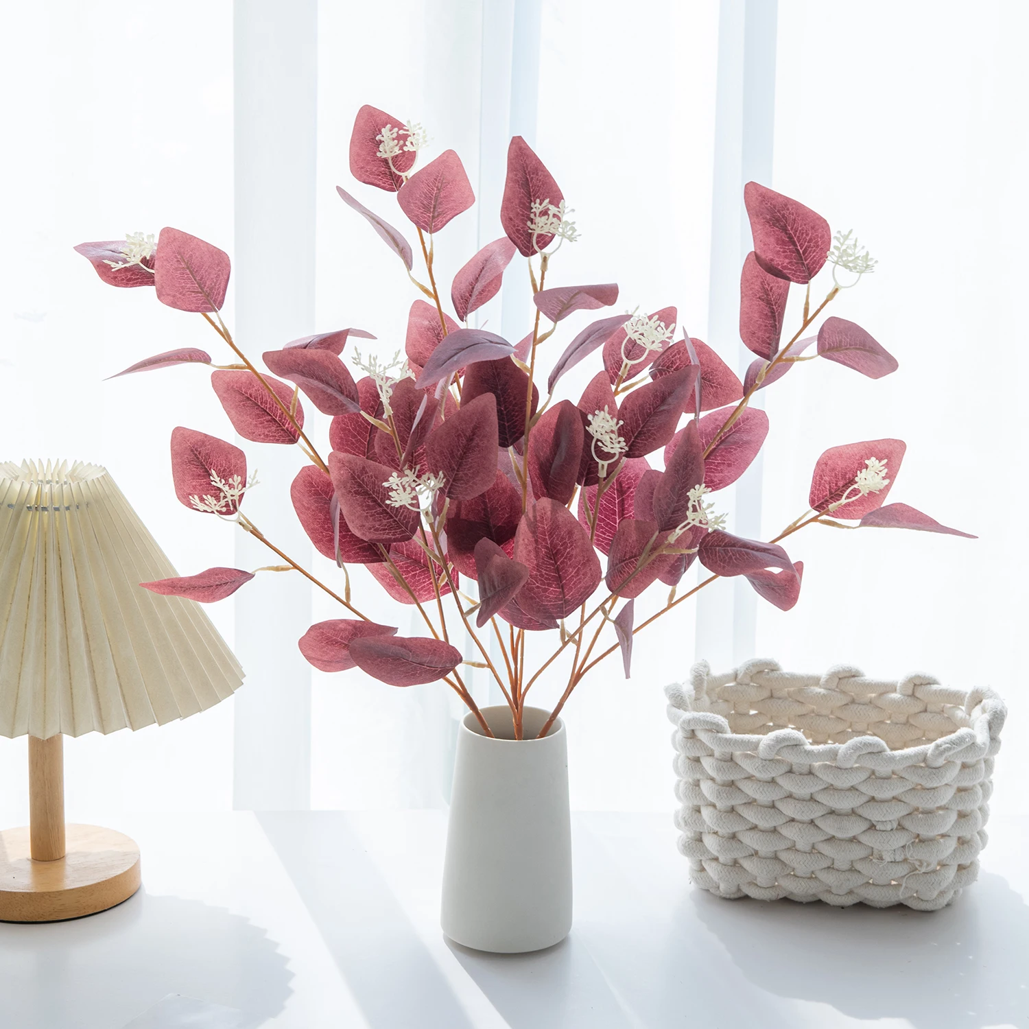 

Искусственные растения, искусственные листья, трехзубые эвкалиптовые бонсай, свадебное украшение для дома, украшение для обеденного стола в помещении, искусственный горшок