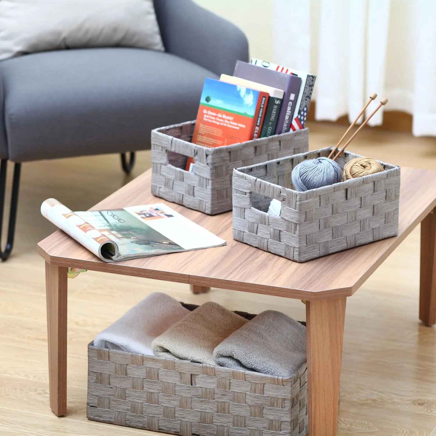 

Grey Paper Rope Storage Basket Set with Handles, 3 Piece Storage Baskets Home Organization and Storage