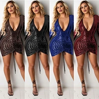 x3825 womens dress spring and autumn fashion sexy long sleeved sequin stitching deep v pleated dress womens nightclub
