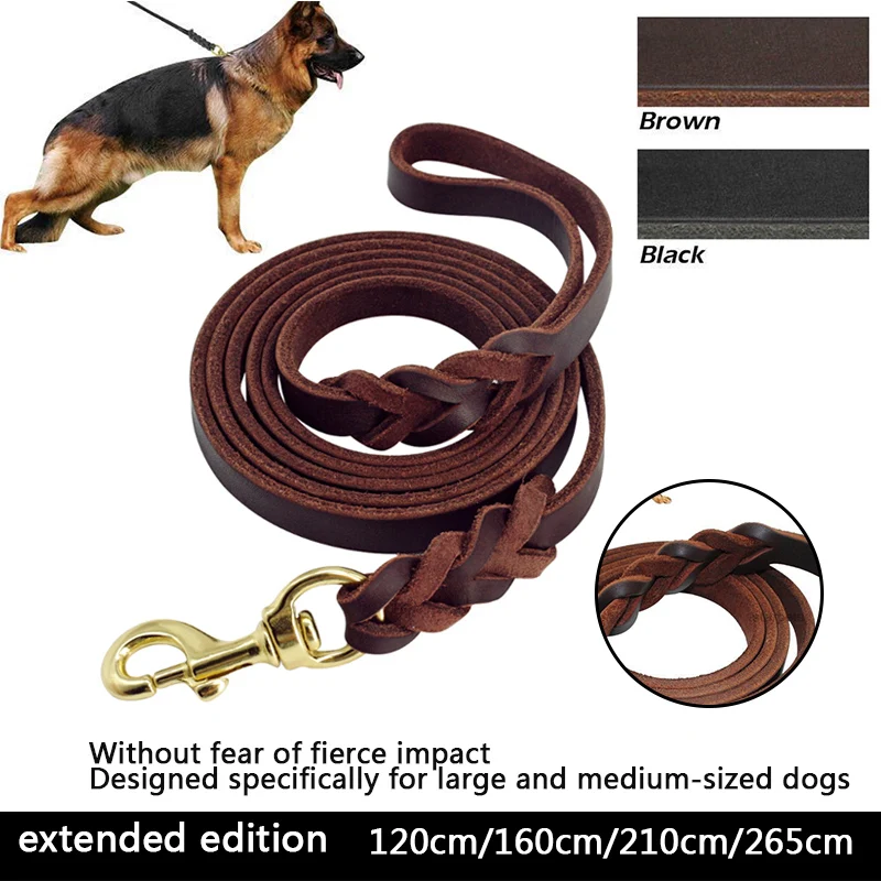 

Поводок для собак из натуральной кожи, длинный поводок в оплетке, для прогулок и дрессировки питомцев, коричневый черный цвет, для средних и больших питомцев