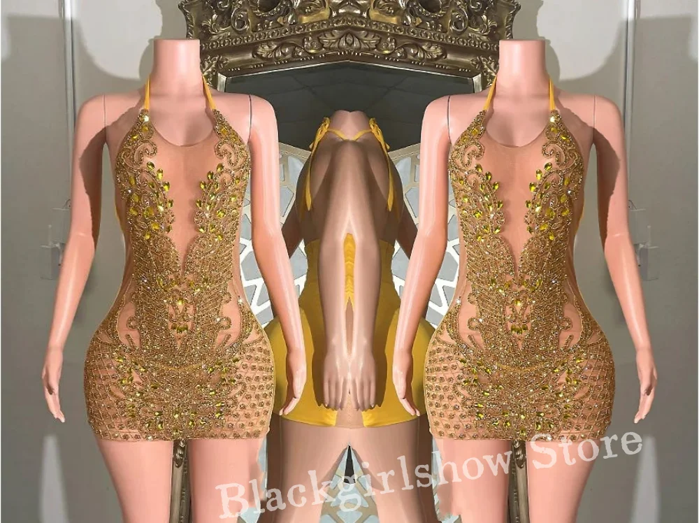 Золотое соблазнительное коктейльное платье со стразами 2025 блестящее прозрачное