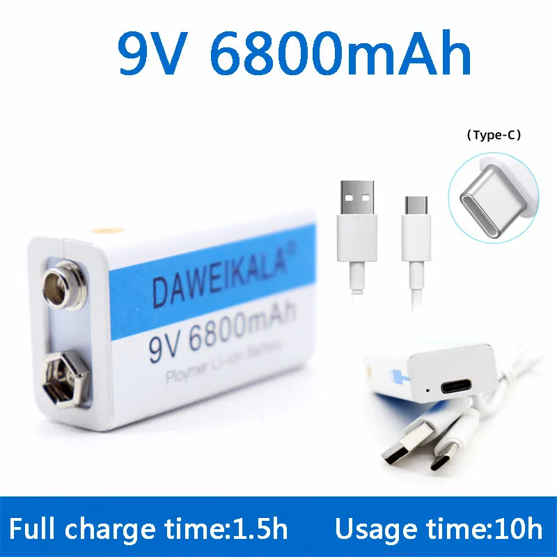 

9V Rechargeable Battery 6800mAh li-ion Rechargeable battery 9v lithium USB Battery for Multimeter Microphone Toy+charging cable