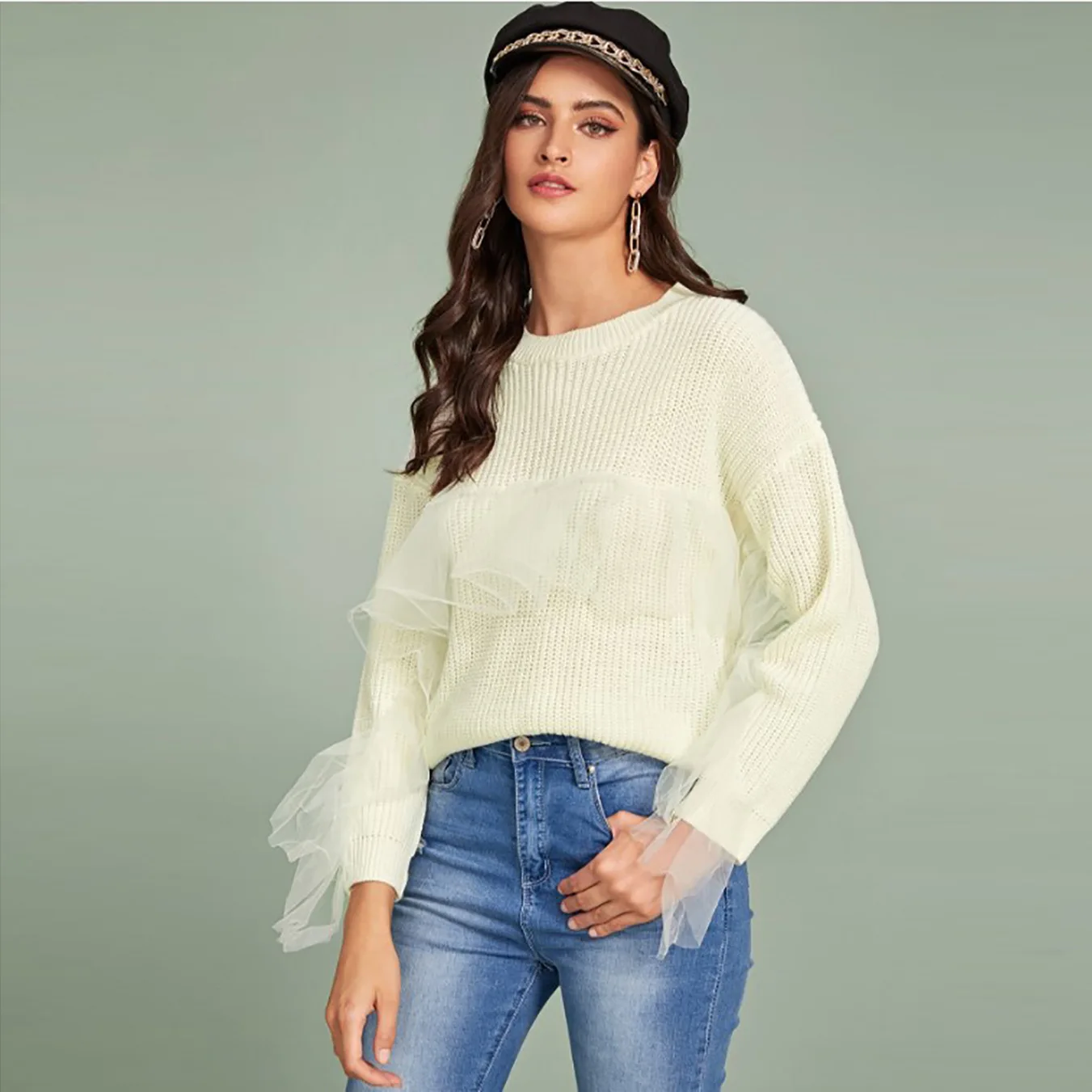 

Women's Casual Knitting Sweater Fashion Mesh Ruffle Splicing Blouse Sweater