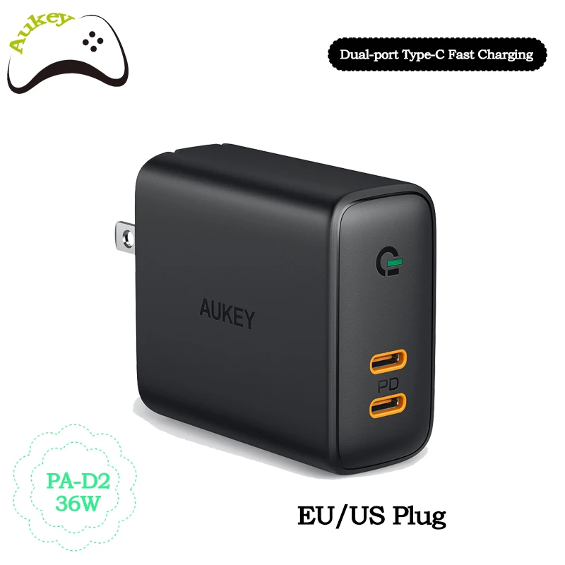 Настенное зарядное устройство AUKEY стандарта ЕС/США 36 Вт 2 выходных порта Type-C