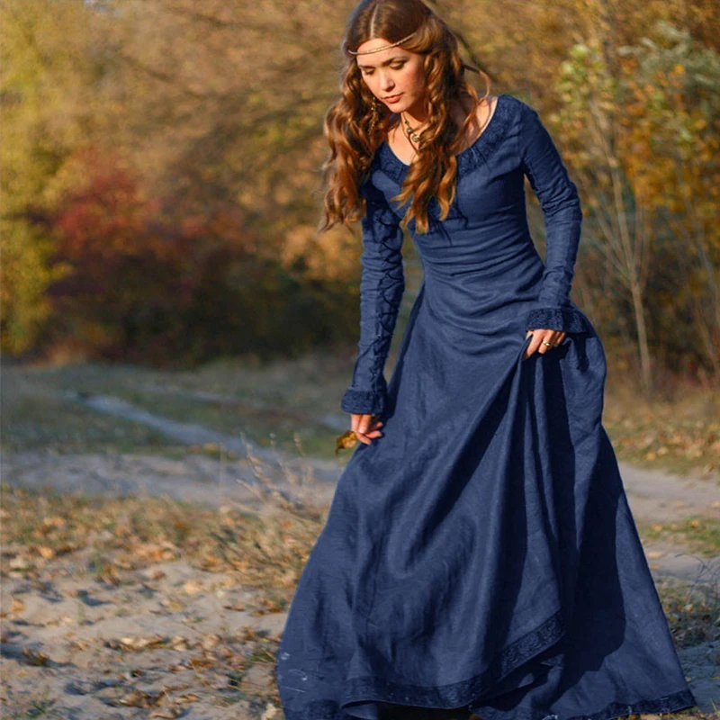 

Retro Classical Halloween Party Long Sleeve Round Neck Slim Dress Maxi Evening Party 2022 Autumn Winter Ruffle Waist Appliques