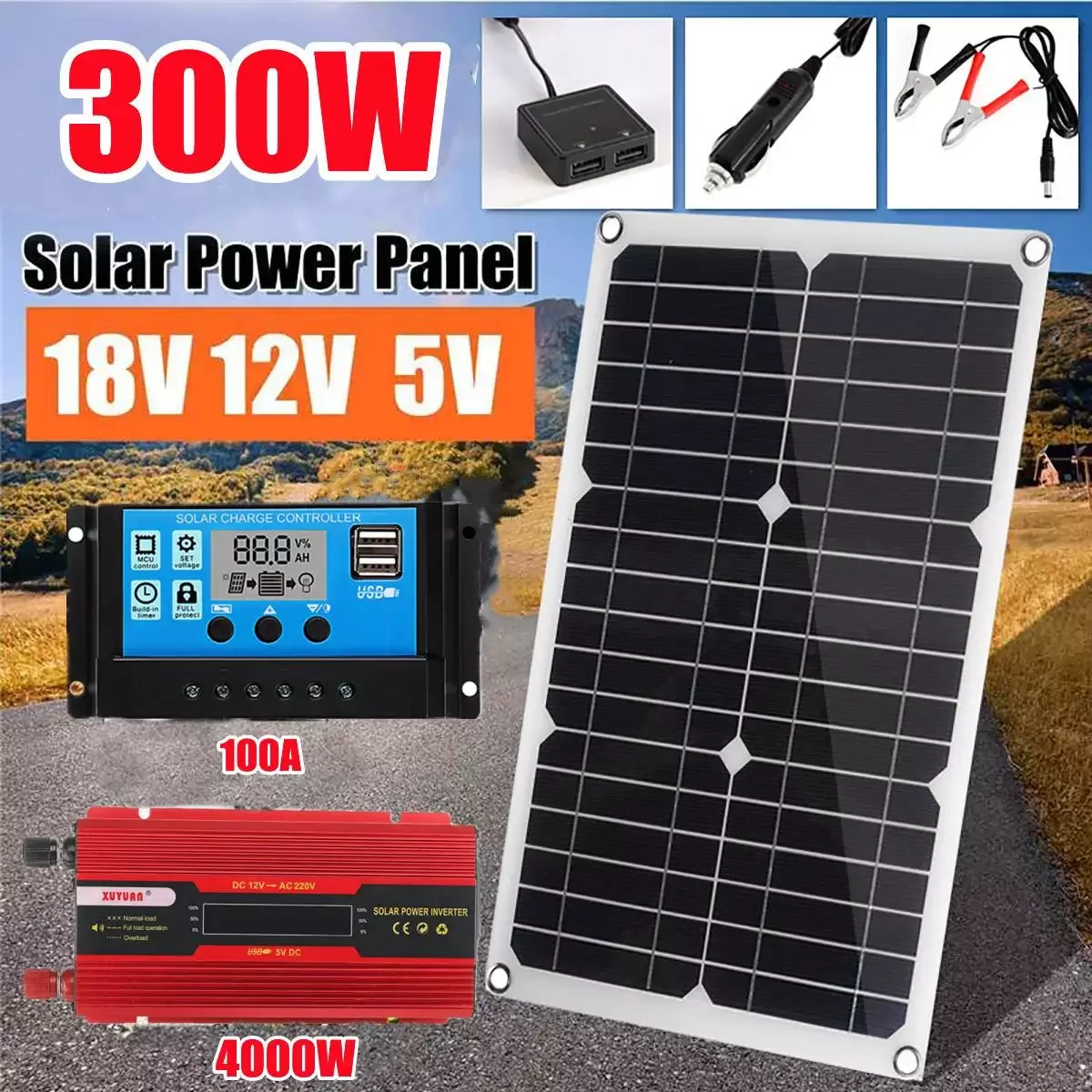 

NEW 4000W Solar Power System 220V/4000W Inverter Kit 300W Solar Panel Battery Charger Complete Controller Home Grid Camp Phone