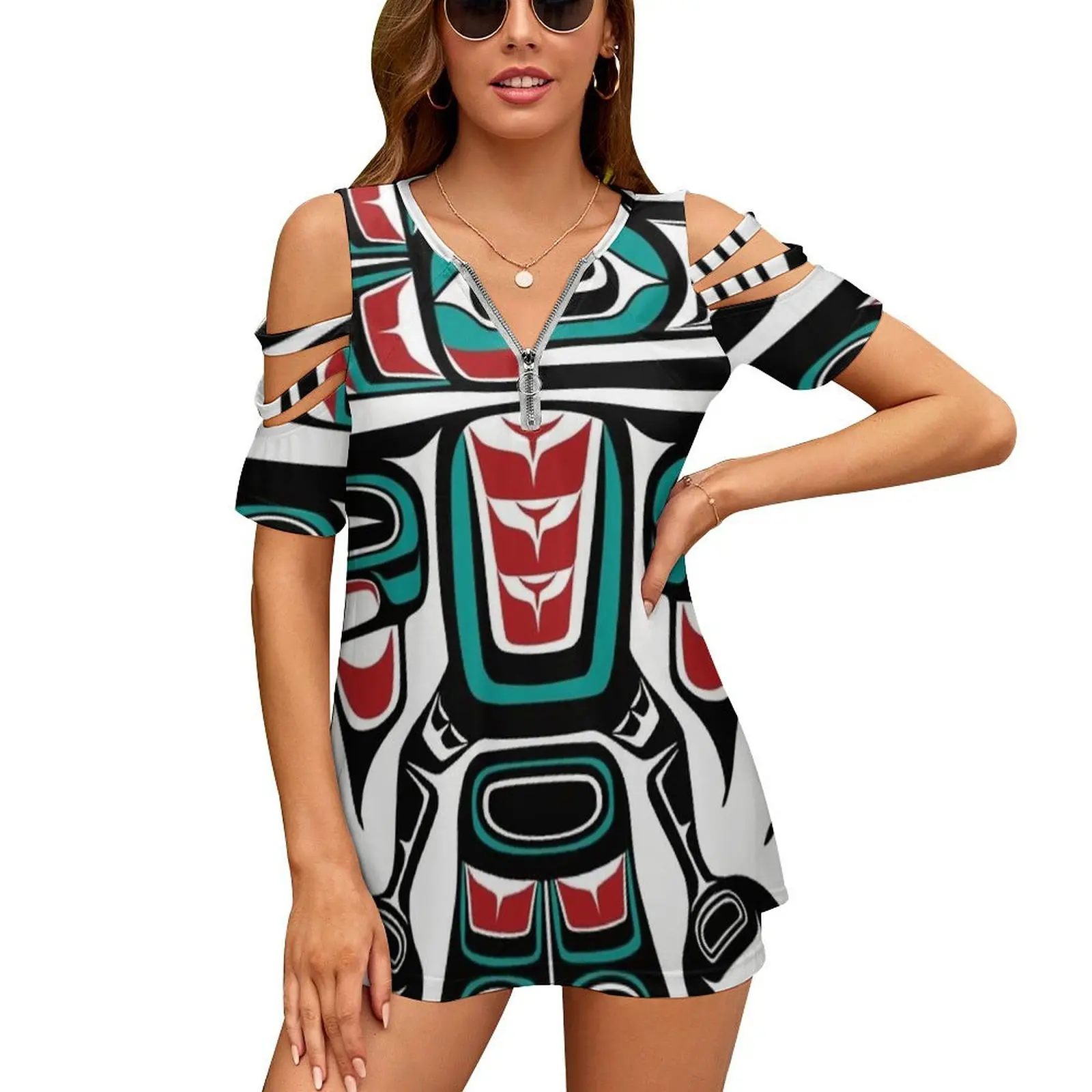 

Haida Tlingit Native Raven Totem New Fashion Zip Off Shoulder Top Short-Sleeve Women Shirt Raven Haida Canada Alaska Pacific