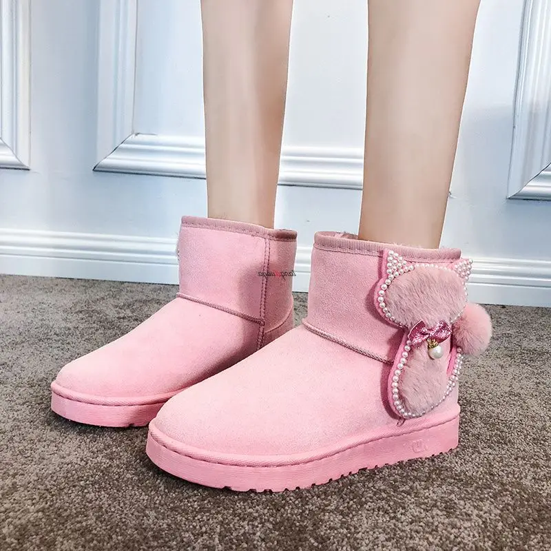 

Snow Boots For Women Women's Pink cat Flat Heel Booties Ladies Winter Footwear Ankle Boots-women Luxury Designer Round Toe