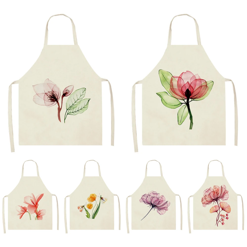 

1 Pcs Cartoon Flower Plant Printed Kitchen Aprons for Women Adult Sleeveless Cotton Apron Linen Home Cooking Cleaning Tools